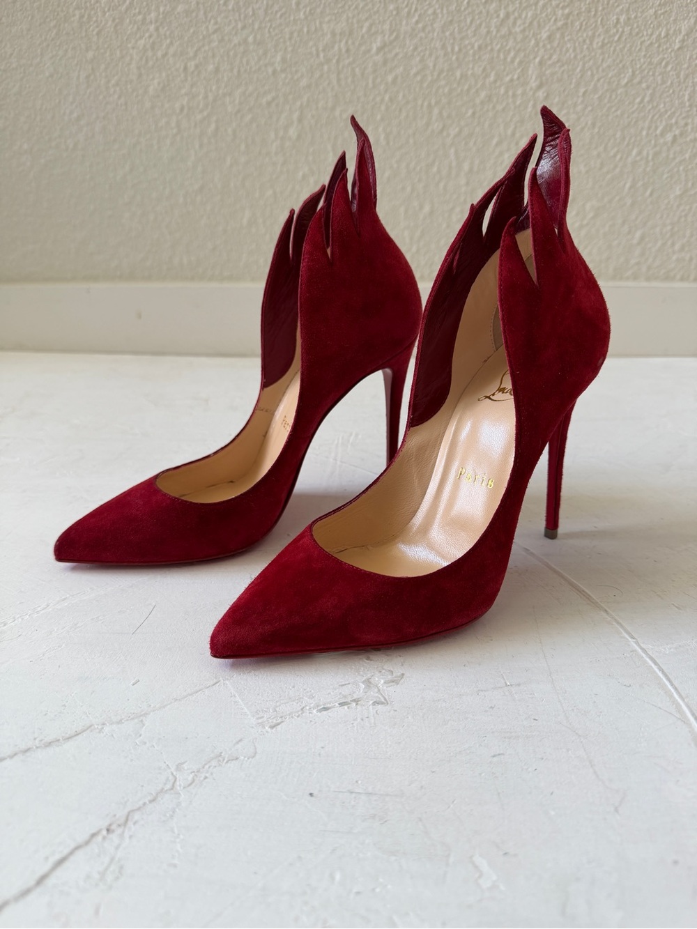 Christian Louboutin Red Flame Victorina Stiletto Heels Flame Suede Leather 36